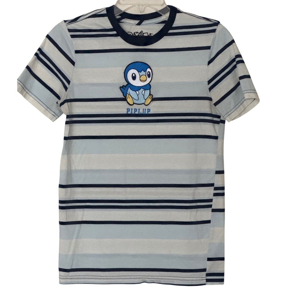 Pokemon Piplup Graphic T-Shirt Blue White Striped Embroidered Women XS